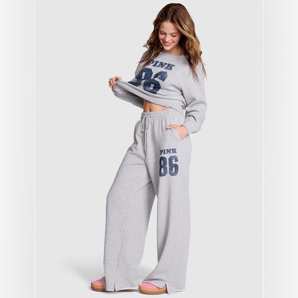VS PINK SET OFF SHOULDER CREW SWEATSHIRT & WIDE LEG SWEATPANTS GRAY 86 HTF L/XL